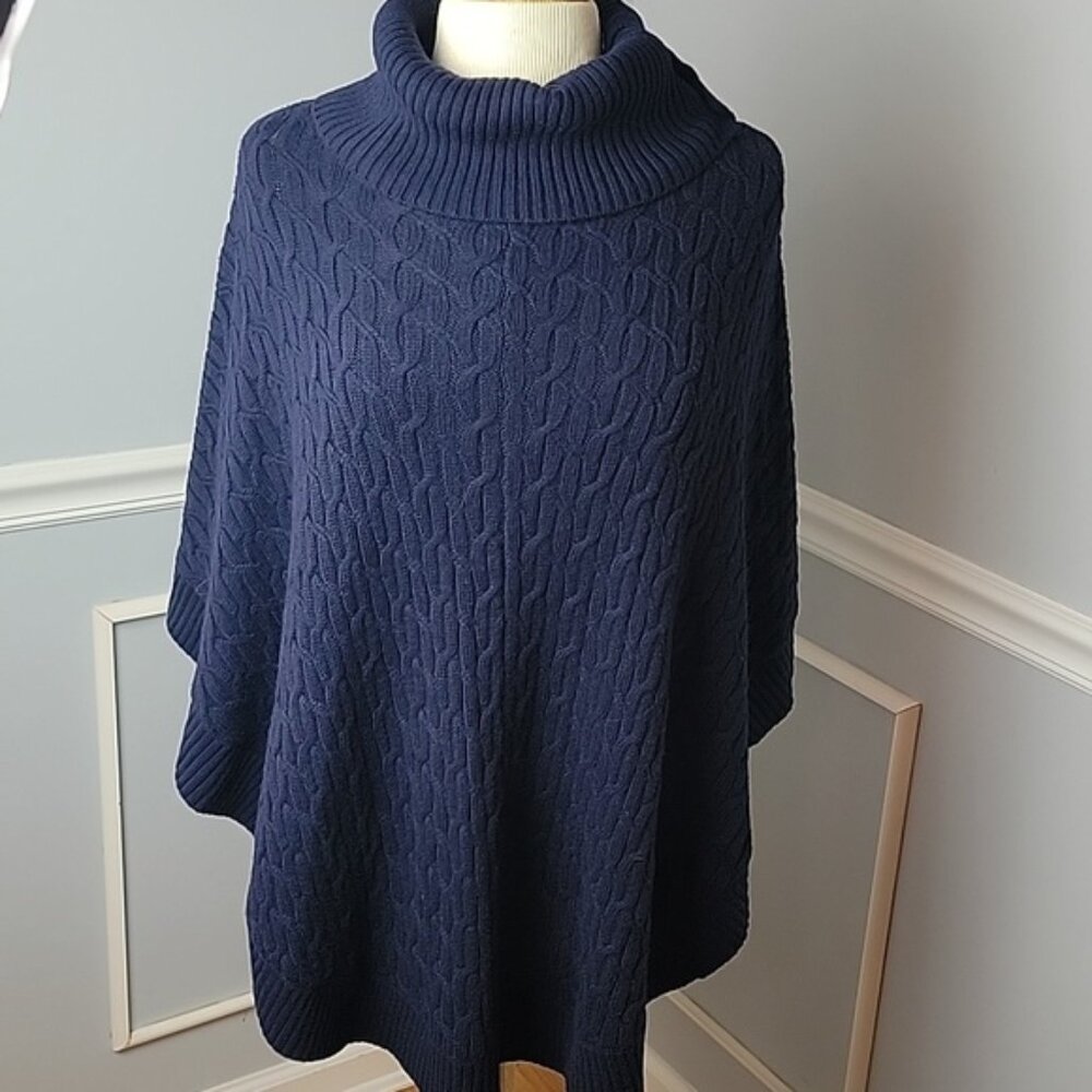 TALBOTS Navy Blue Cable Knit Button Collar Turtleneck Preppy Poncho Sweater S‎